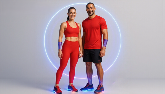 Athleten in roter Q-One-Ausrüstung mit sichtbaren Q-Technology-Schaltkreisen an Unterarmen und Schuhen, aktiver Lichtenergie, dynamischer Körperhaltung und futuristischer Atmosphäre
