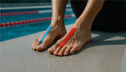 Die Füße eines Schwimmers mit blauem und rotem Q-Technology-Kinesiologie-Tape am Beckenrand veranschaulichen Haltungsverbesserung und Biohacking.