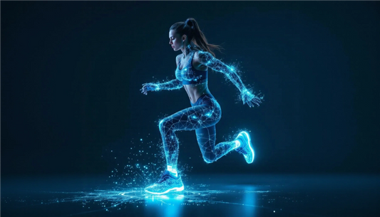 Der 25-jährige Frauensportler im Sport-Outfit, der mit Q-Technology, Energie und sichtbarer Bioelektrizitätskreise ausgestattet ist und die weltweit Nummer 1-Technologie der Biohacking-Energie, Haltung und optimale Leistung veranschaulicht.