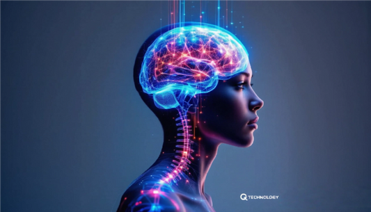 Beleuchtetes menschliches Gehirn, das durch leichte Signale, dynamische Haltung, blau, mauve, rote Farben mit dem Körper verbunden ist; Visuelle Q-Technologie, die den Zusammenhang zwischen Schmerz, Nervensystem und Bewegung veranschaulicht.