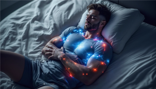 Rugby-Spieler in Outfit, Deep Sleeping, Blue und Red Bioelctric Waves, die eine optimale Nervenzusammenstellung, q-technologische Technologie, Deep Sleep, Sport Recovery Innovation 2025 veranschaulichen 2025