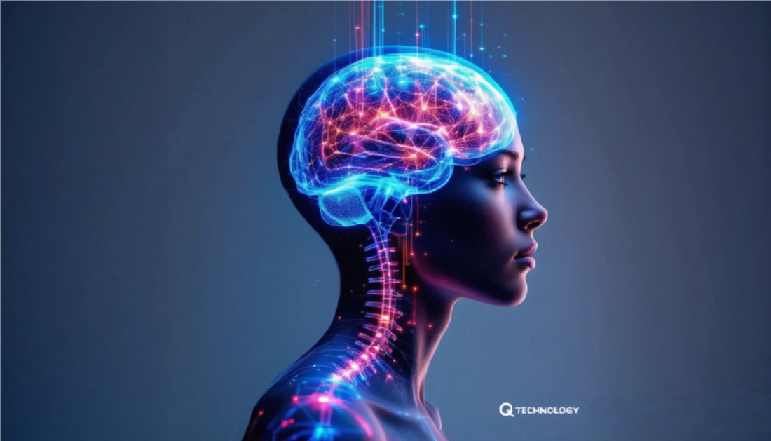 Beleuchtetes menschliches Gehirn, das durch leichte Signale, dynamische Haltung, blau, mauve, rote Farben mit dem Körper verbunden ist; Visuelle Q-Technologie, die den Zusammenhang zwischen Schmerz, Nervensystem und Bewegung veranschaulicht.